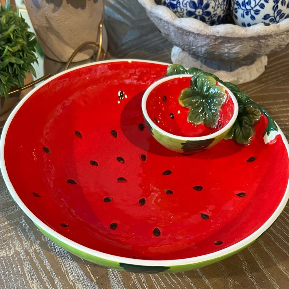 NEW! Ceramic Stoneware Vibrant Watermelon Chip & Dip Serving Fruit Bowl